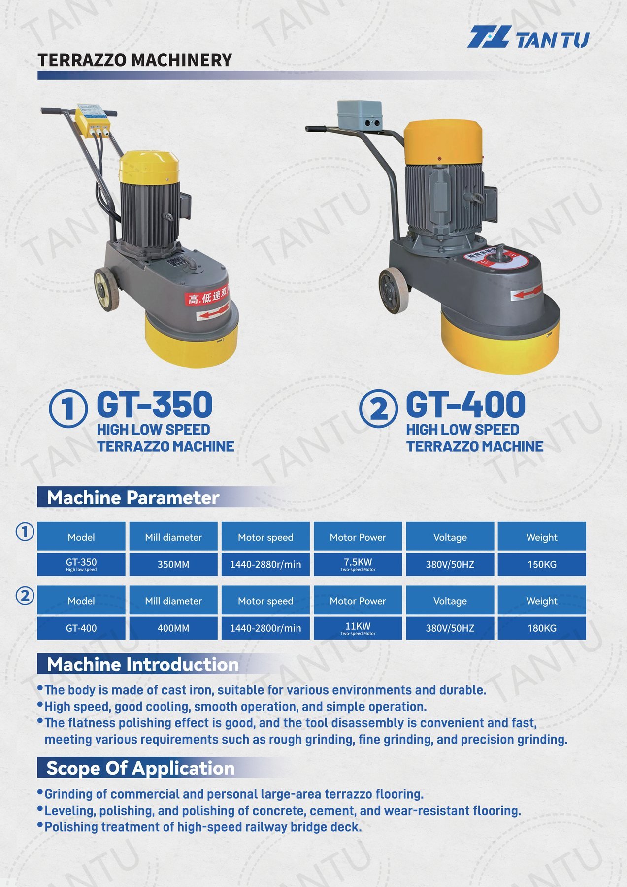 Terrazzo Machine image 4 Terrazzo Machine - GT-350 and GT-400 high low speed terrazzo machine parameters